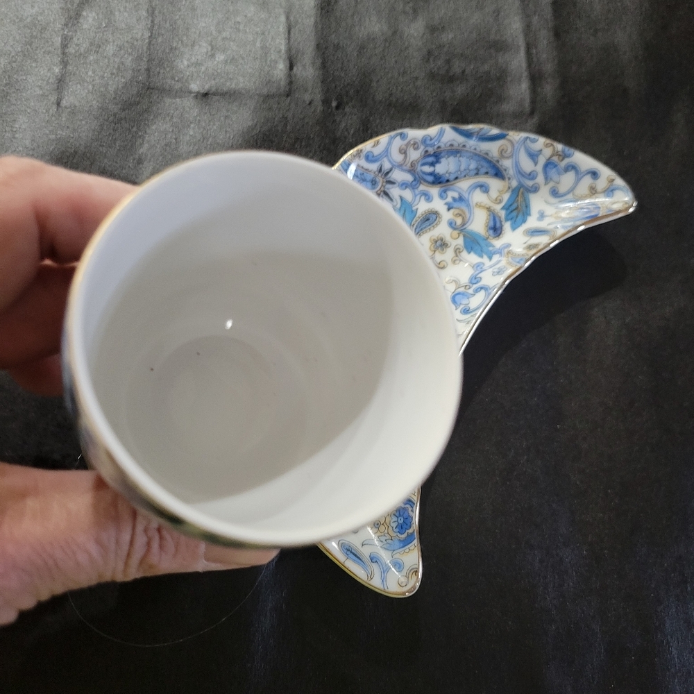 Lefton Egg Cup & Crescent Bone Side Trinket Dish Blue Paisley Vintage ~ Pretty! - Picture 9 of 16